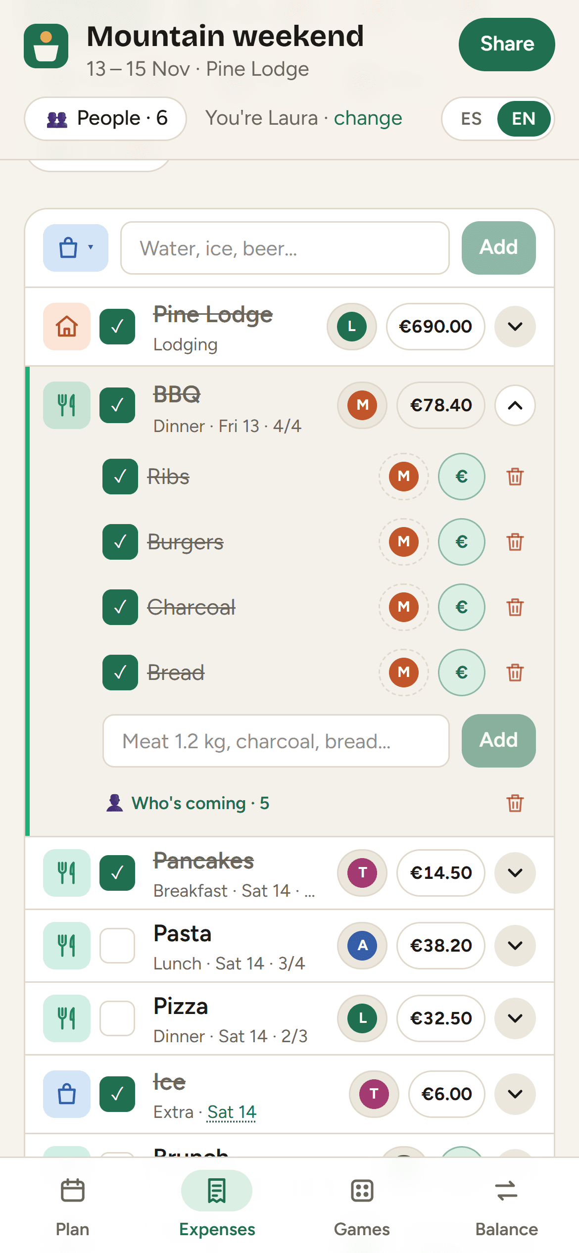 The costs: the house, the meals with their lists and the extras