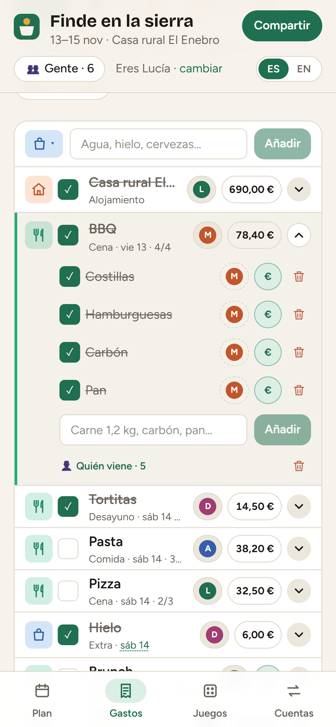 La lista de gastos: la casa, las comidas con su lista y los extras